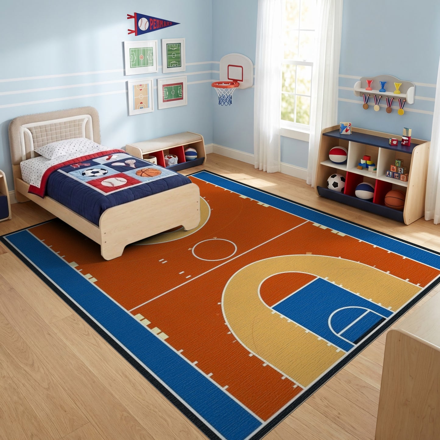 Blue and Orange Basketball Court Rug