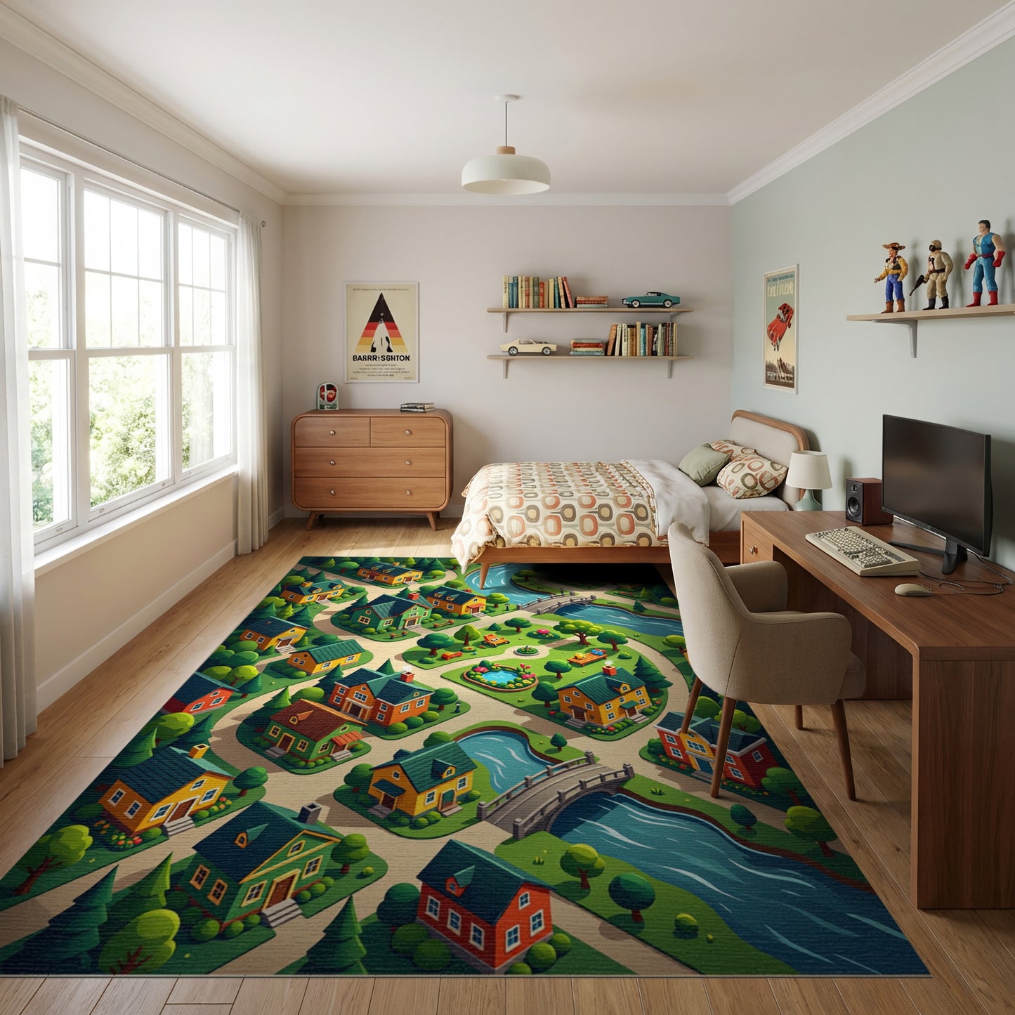 Whimsical Colorful Village River Forest Rug