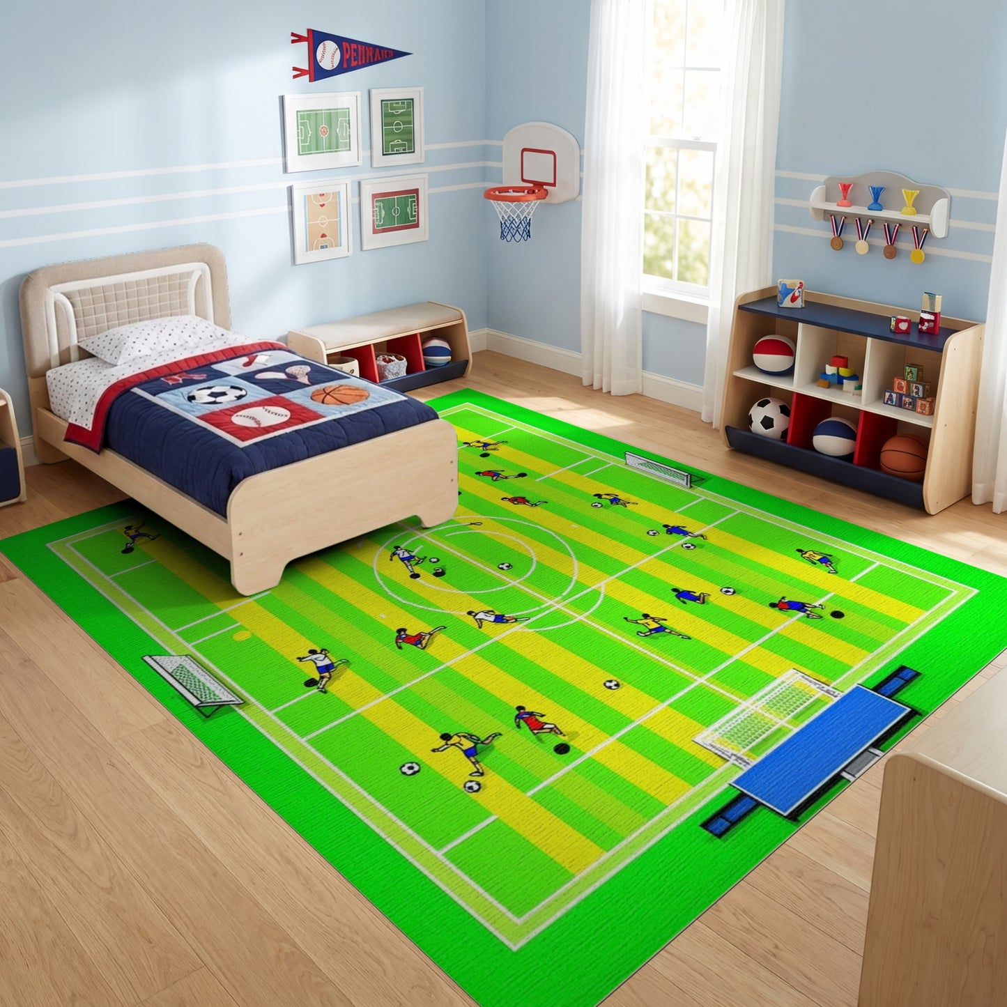 Vibrant Soccer Field Players Rug