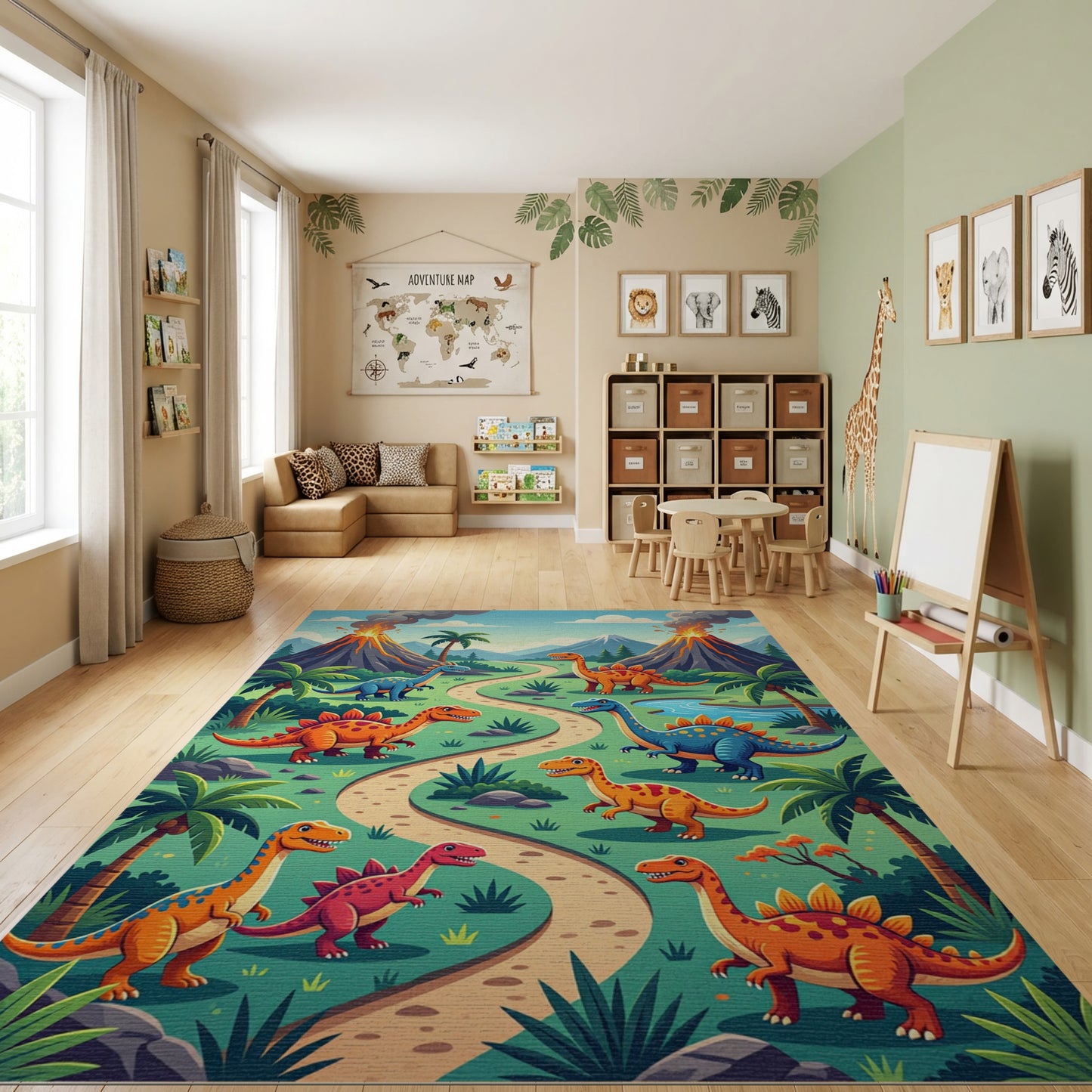 Bright Dino Trail Erupting Volcanoes Rug