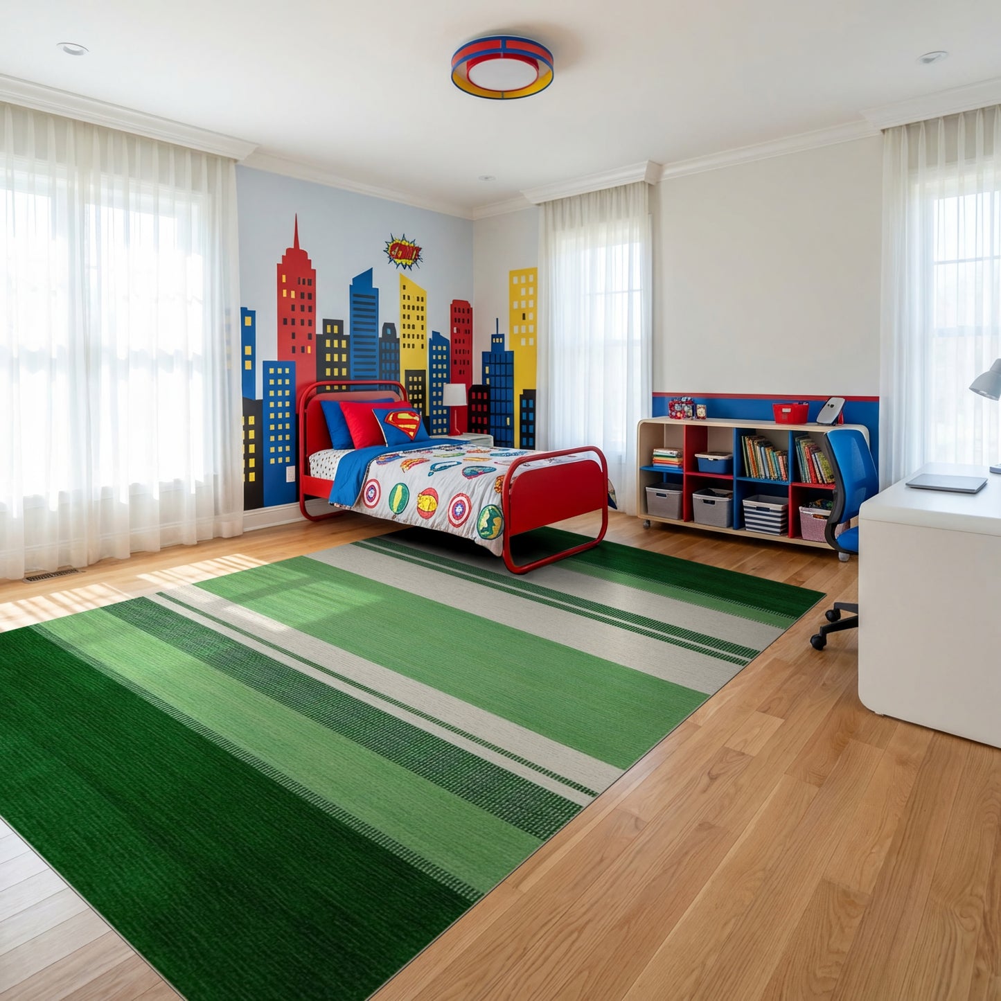 Vibrant Green and Cream Striped Rug
