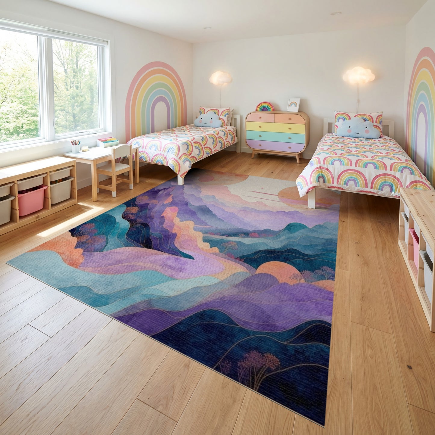 Dreamy Pastel Mountains Orange Suns Rug