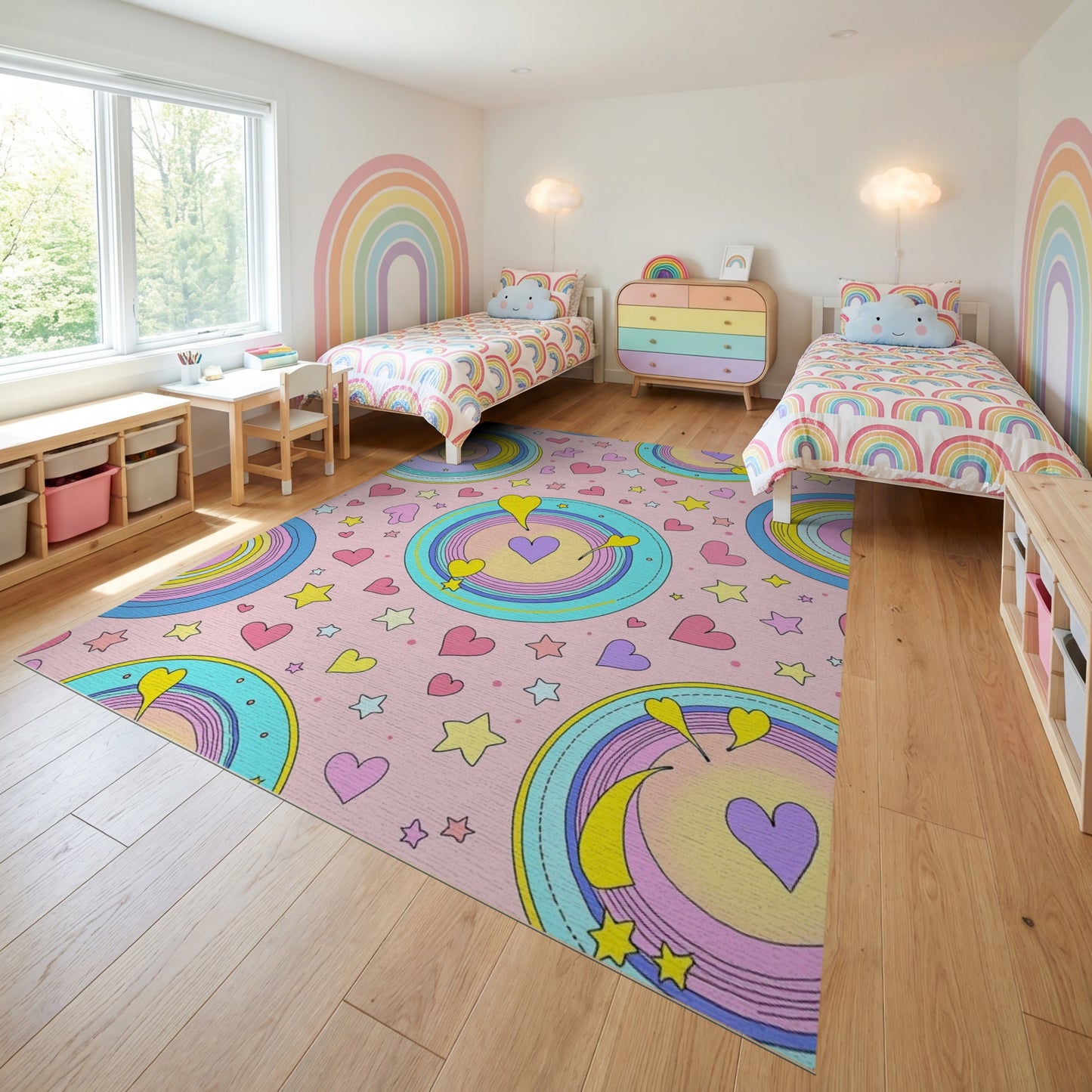 Whimsical Rainbow Hearts Stars Circles Rug