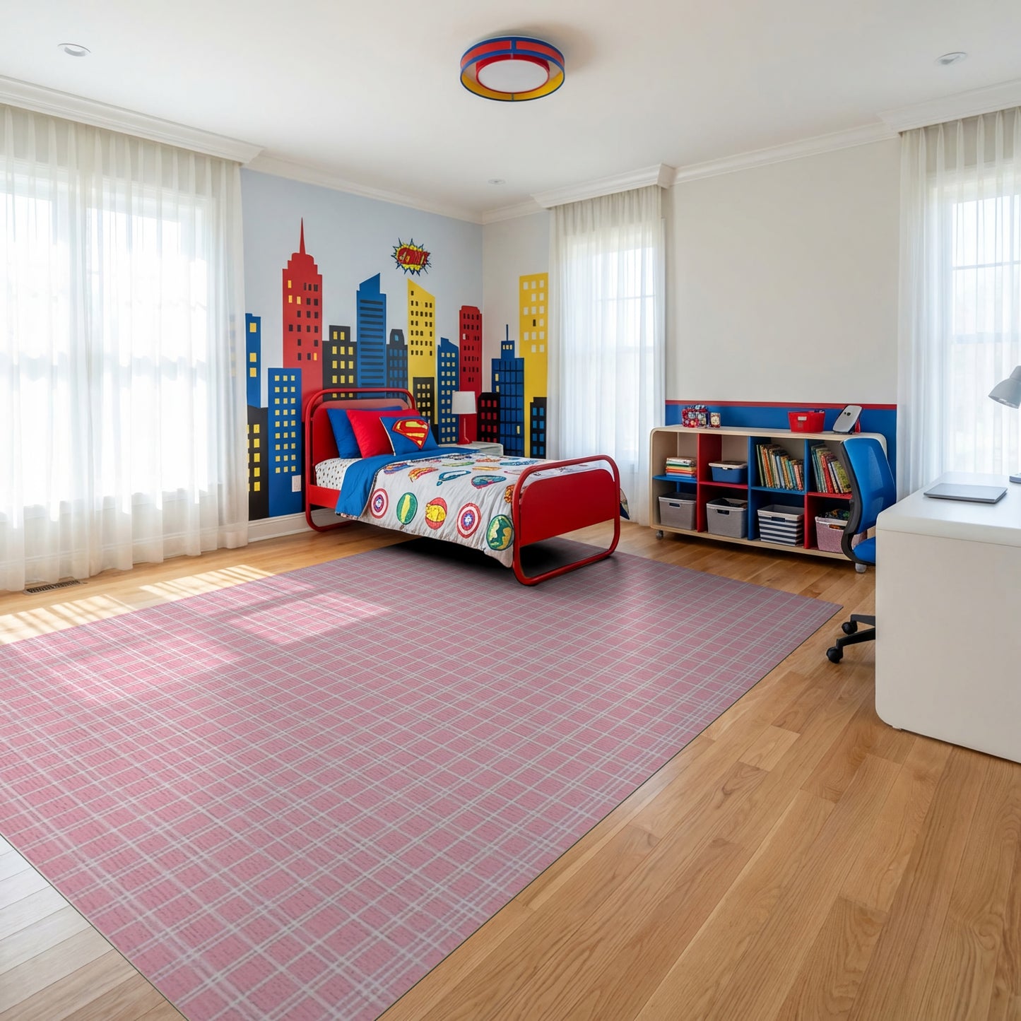 Geometric Pink White Grid Rug