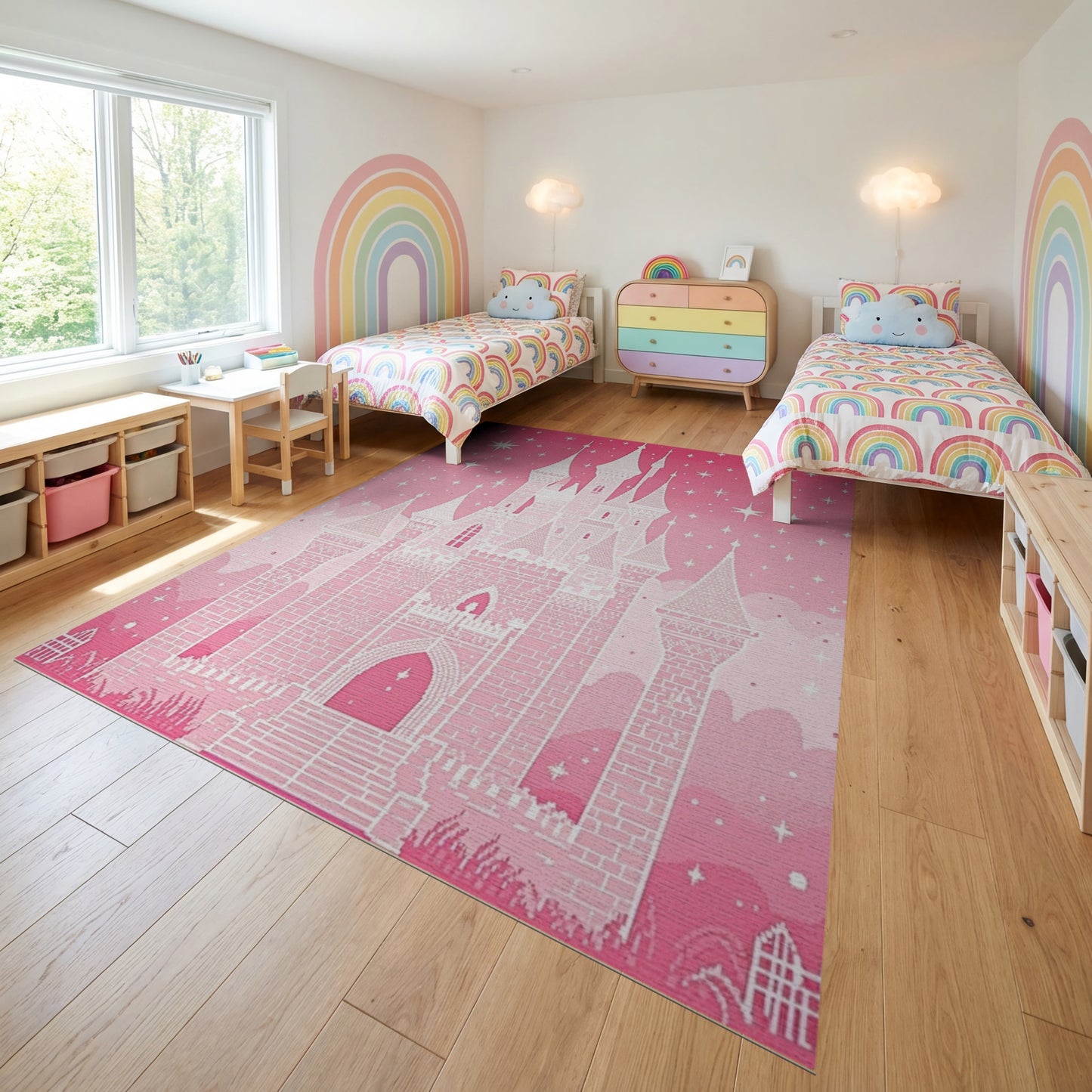 Pink Fairy Castle Stars Sparkles Rug