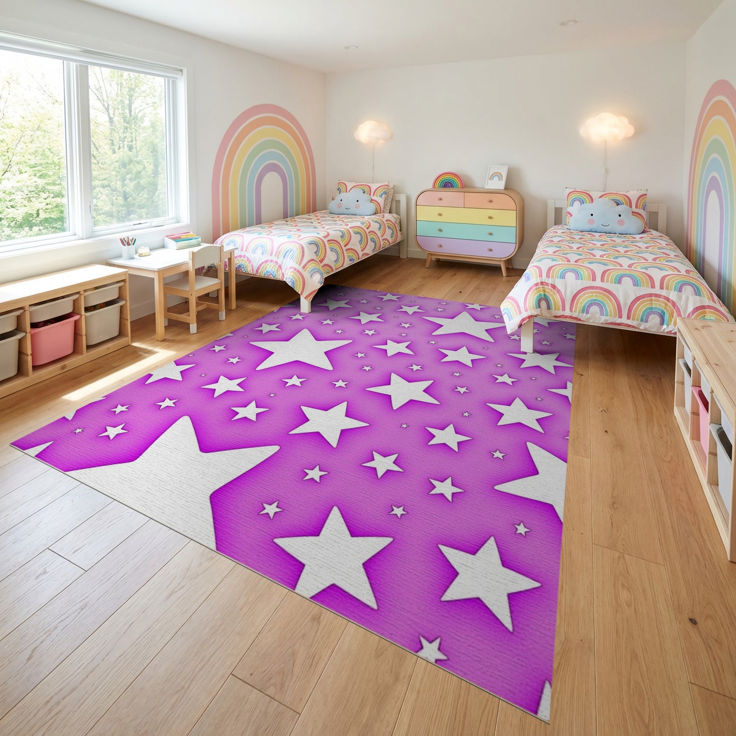 Whimsical White Stars Purple Rug