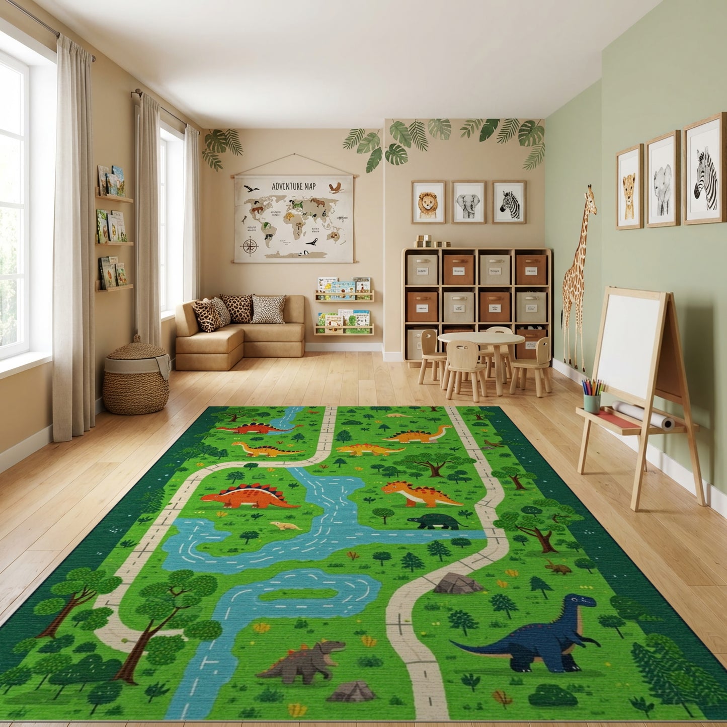 Whimsical Dino Path River Forest Rug