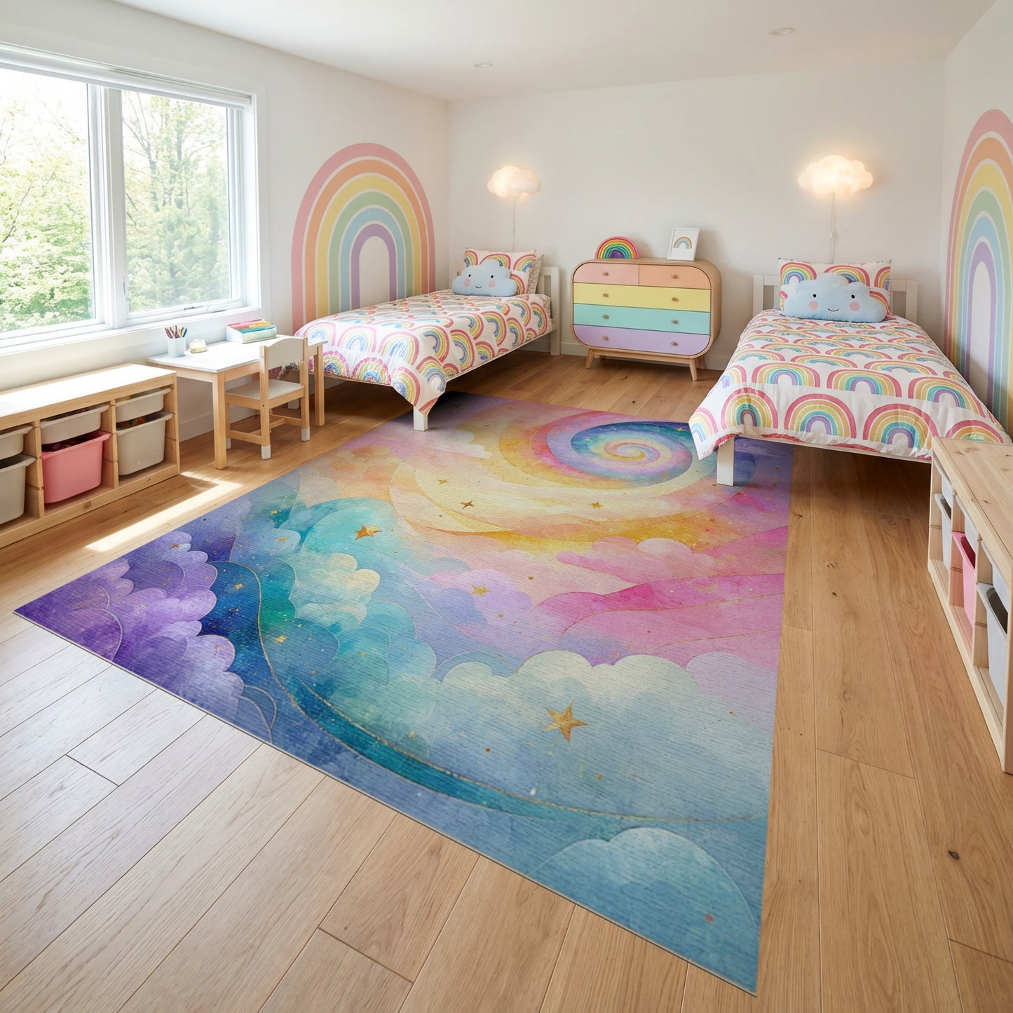 Dreamy Rainbow Spiral Stars Clouds Rug