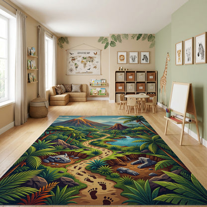 Vibrant Jungle Volcano Dino Path Rug