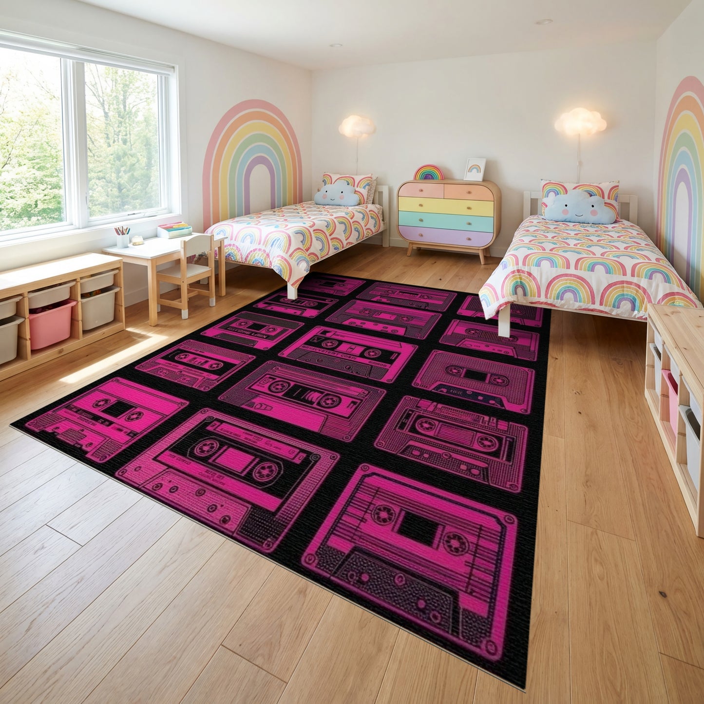 Retro Neon Pink Cassette Tapes Rug