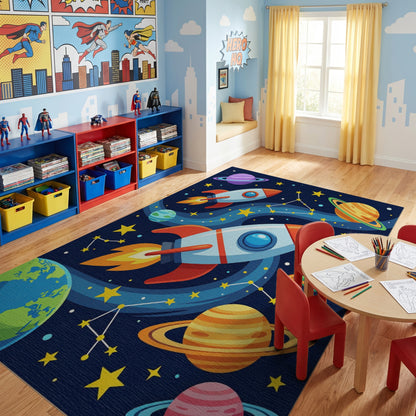 Whimsical Space Rockets Planets Stars Rug