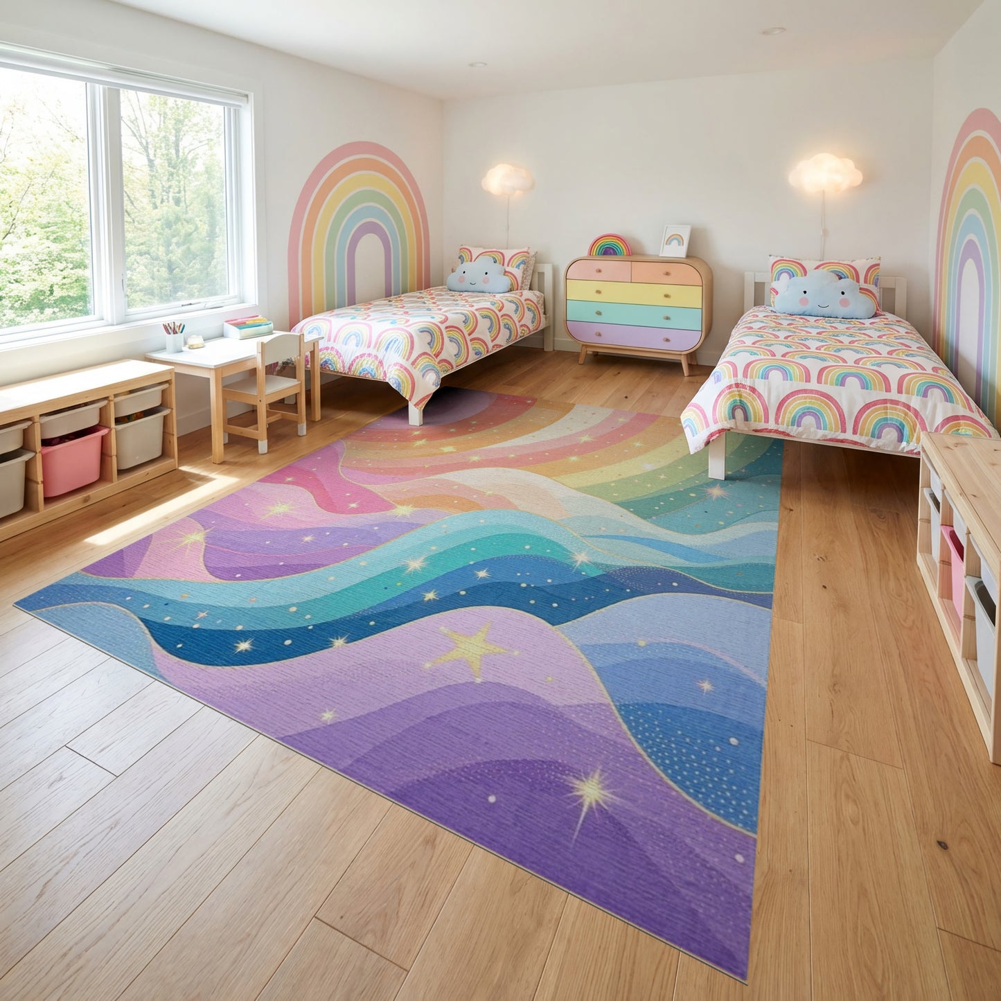 Whimsical Sparkling Rainbow Waves Rug