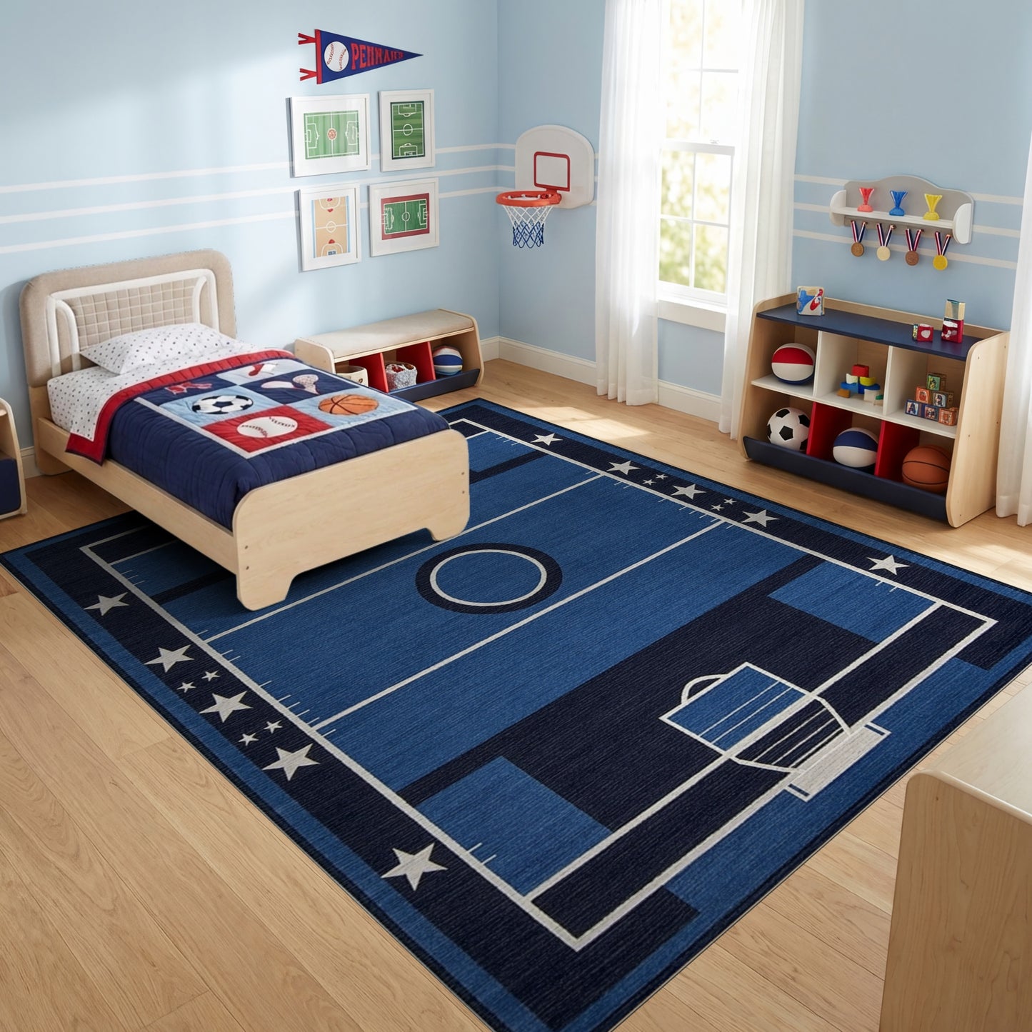 Navy Basketball Court Hoops Stars Rug