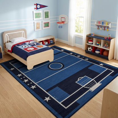 Navy Basketball Court Hoops Stars Rug