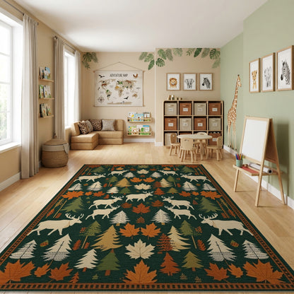Rustic Elk Pine Maple Forest Rug