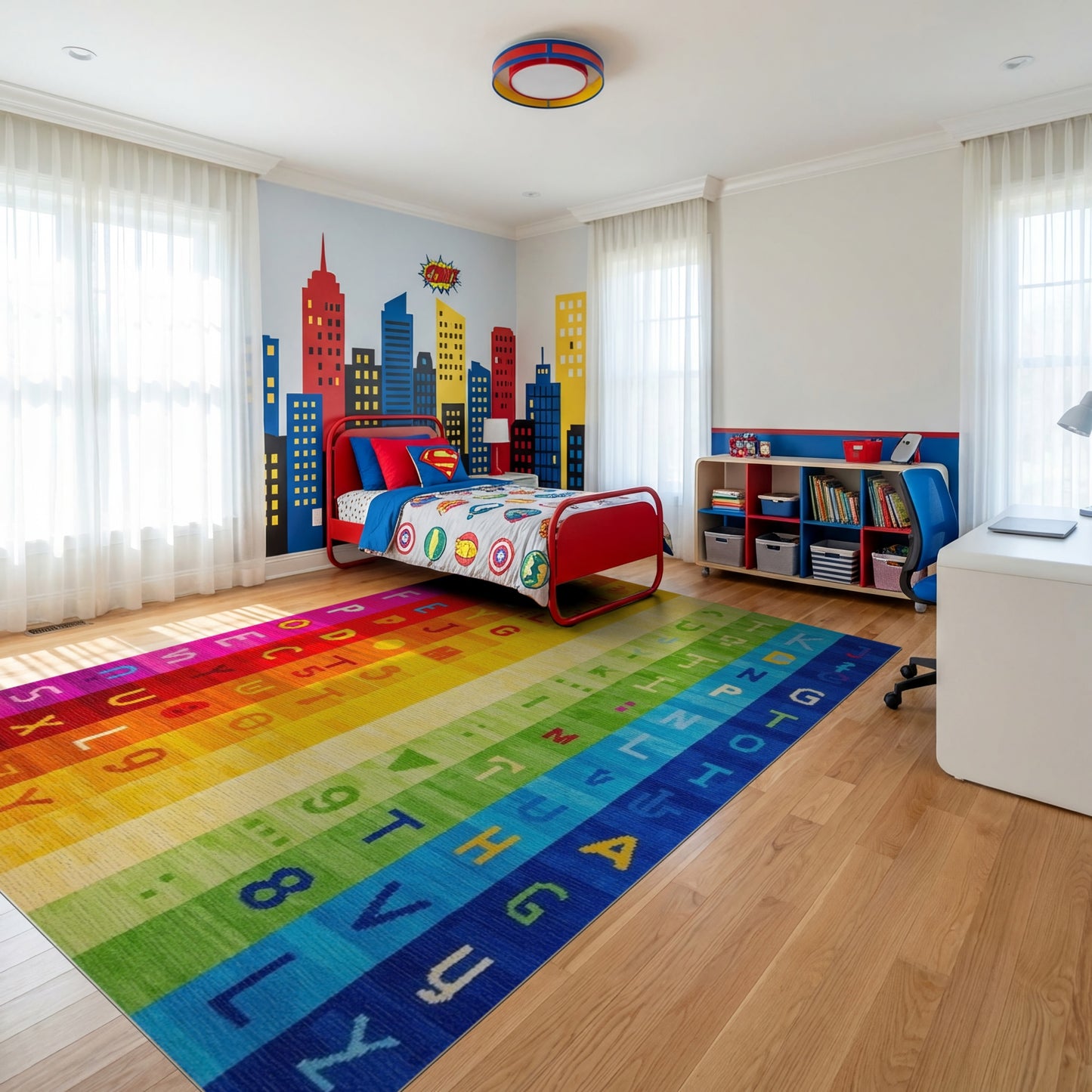 Vibrant Rainbow Alphabet Stripes Rug