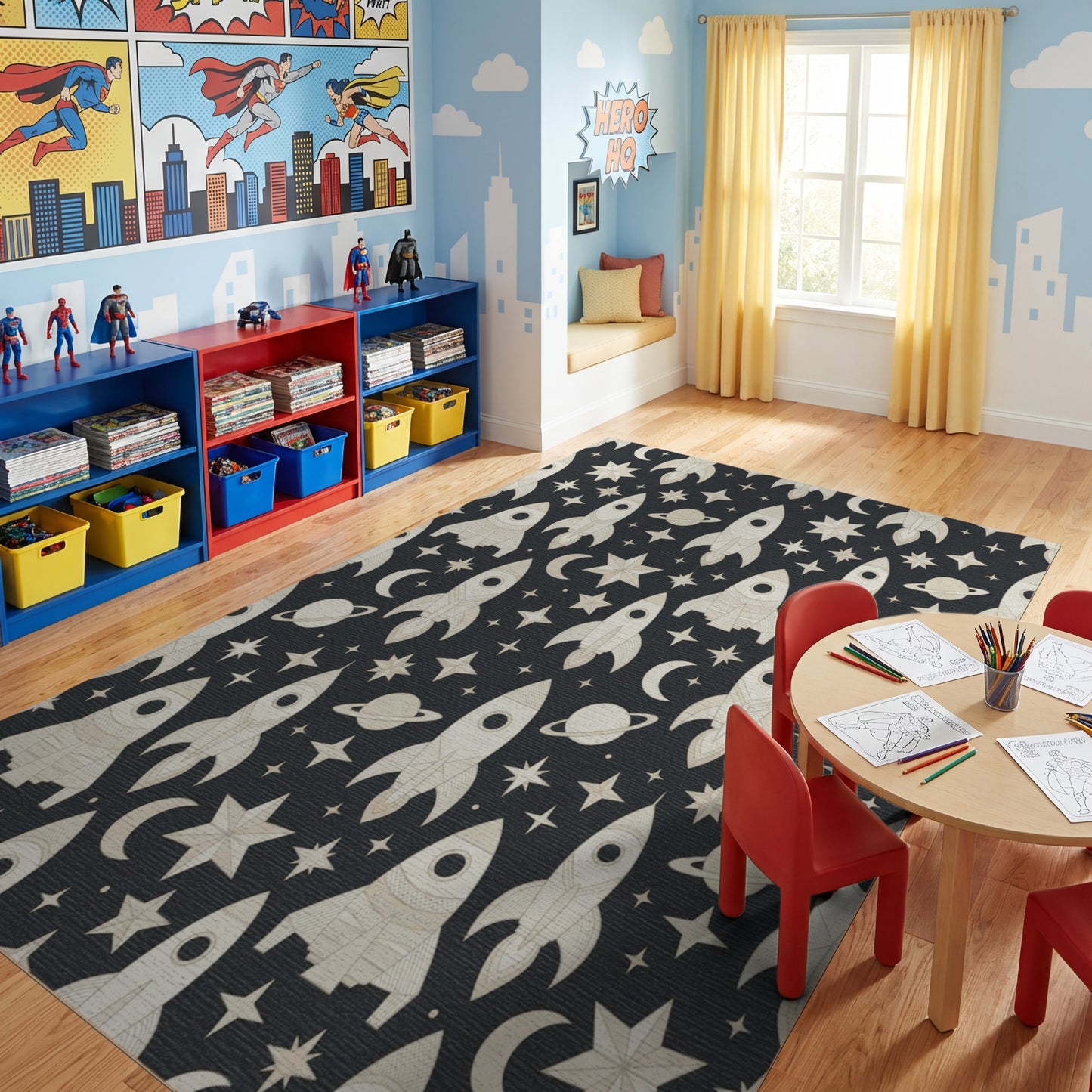 Retro Rocket Star Moon Planet Rug