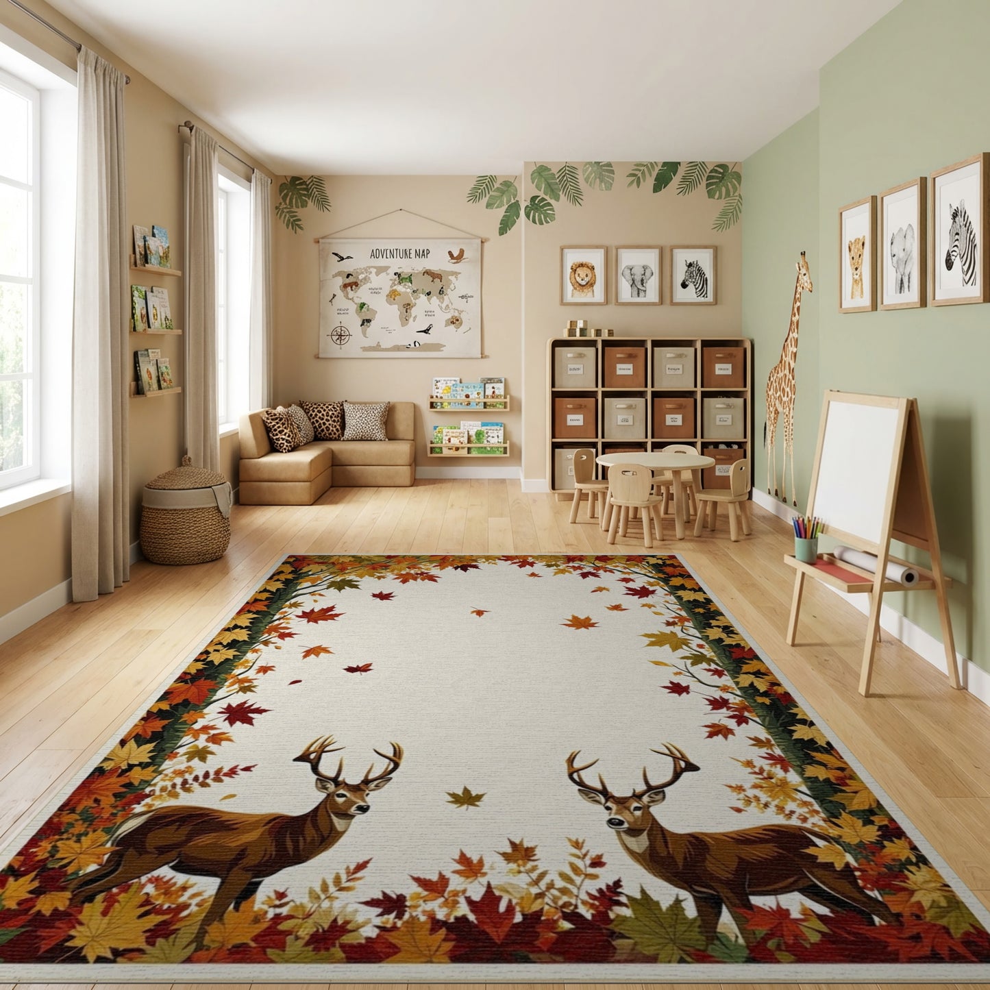 Autumn Deer Falling Leaves Border Rug