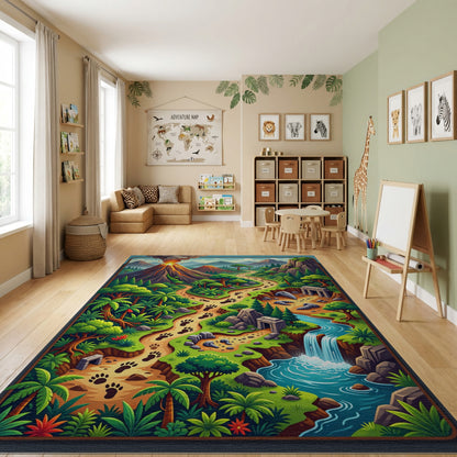 Vibrant Jungle Paw Path Volcano Ruins Rug