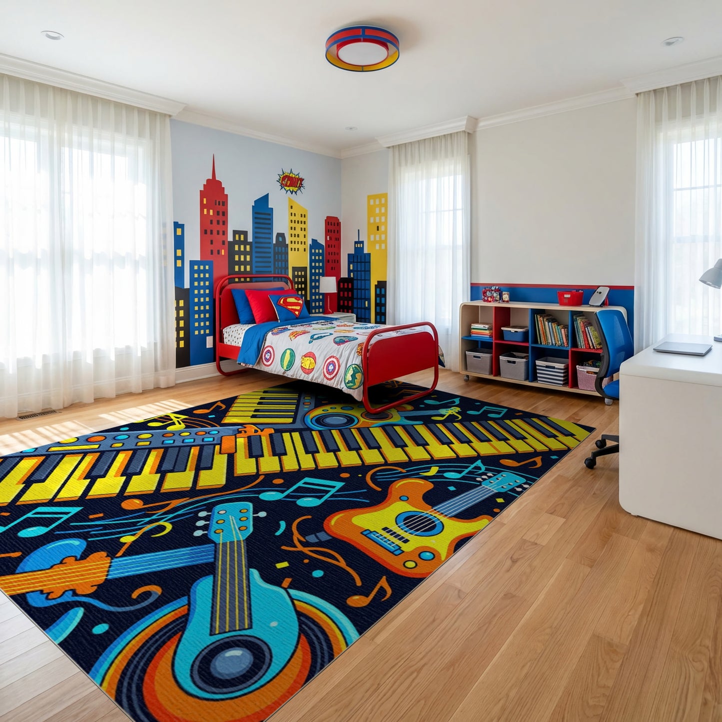 Vibrant Yellow Guitars Keyboards Notes Rug