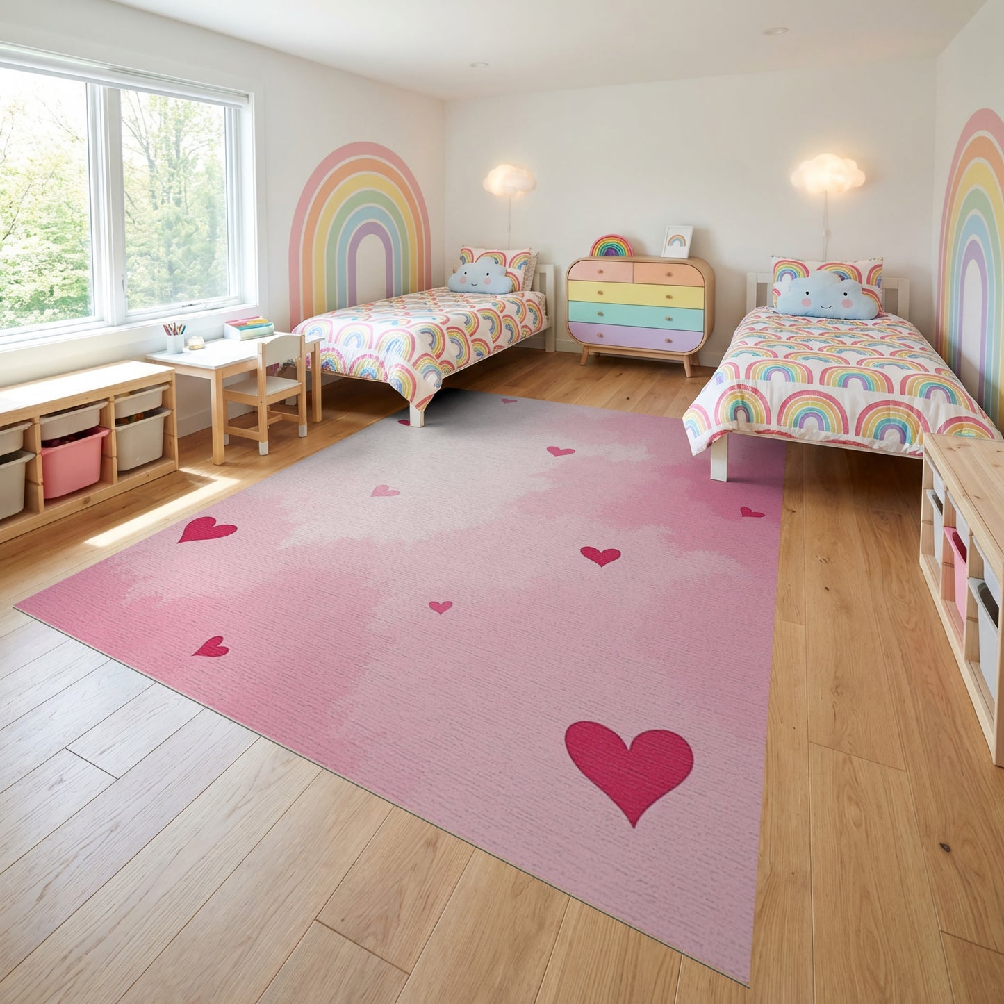 Romantic Pink Scattered Hearts Gradient Rug