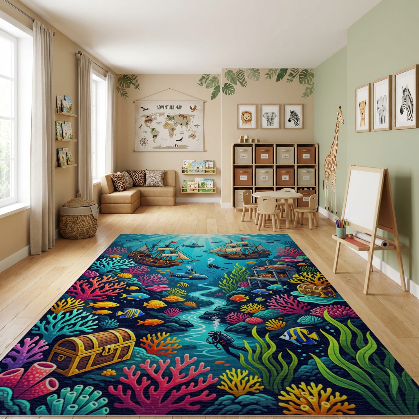 Vibrant Underwater Sunken Ships Coral Treasure Rug
