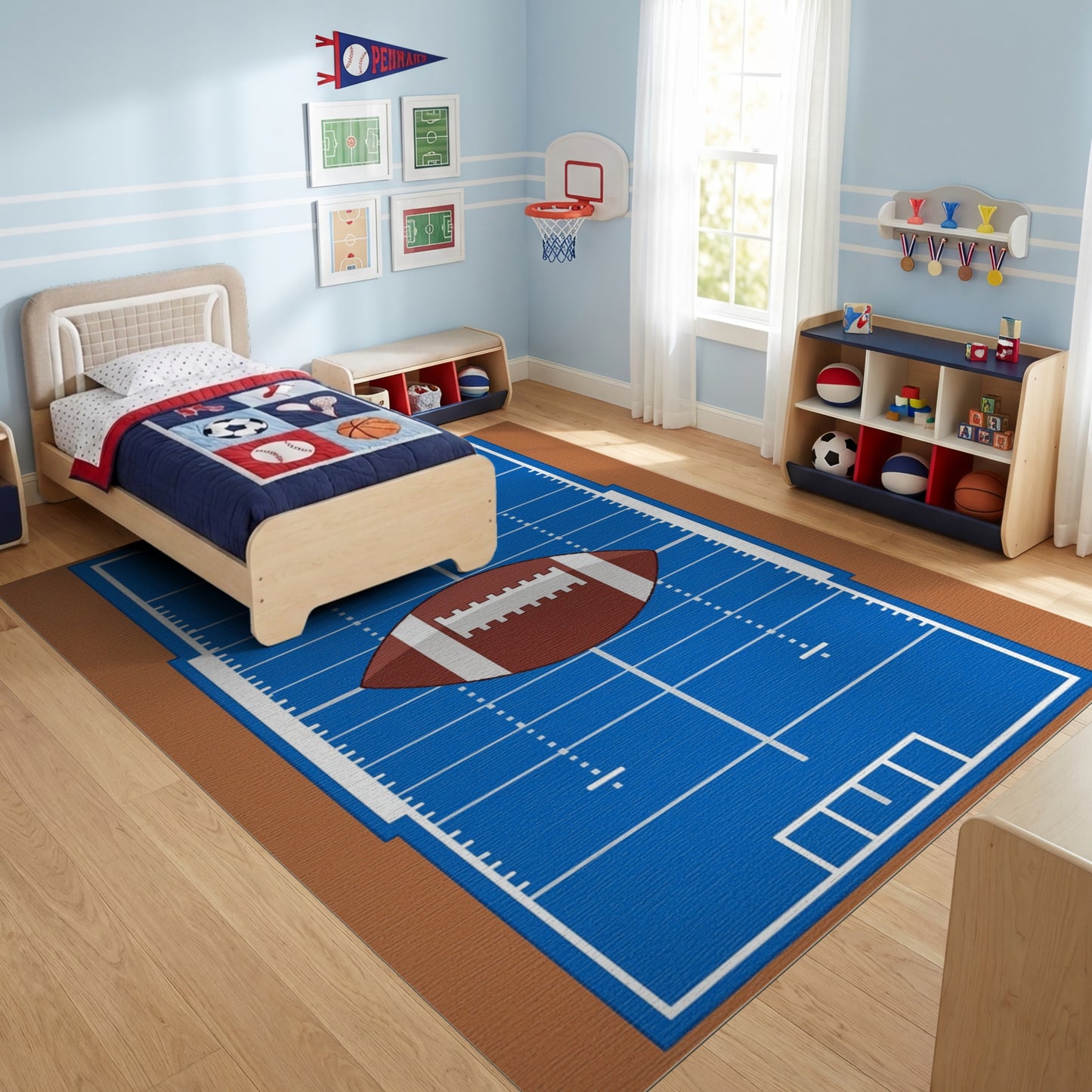 Central Football Blue Field Rug