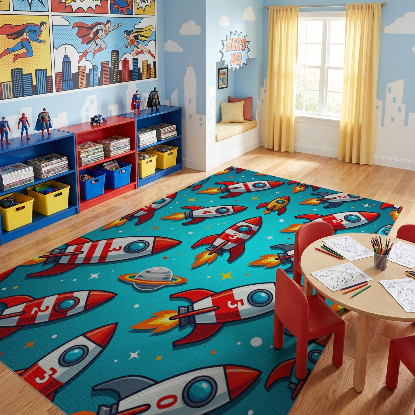 Vibrant Red Rockets Stars Whimsical Rug