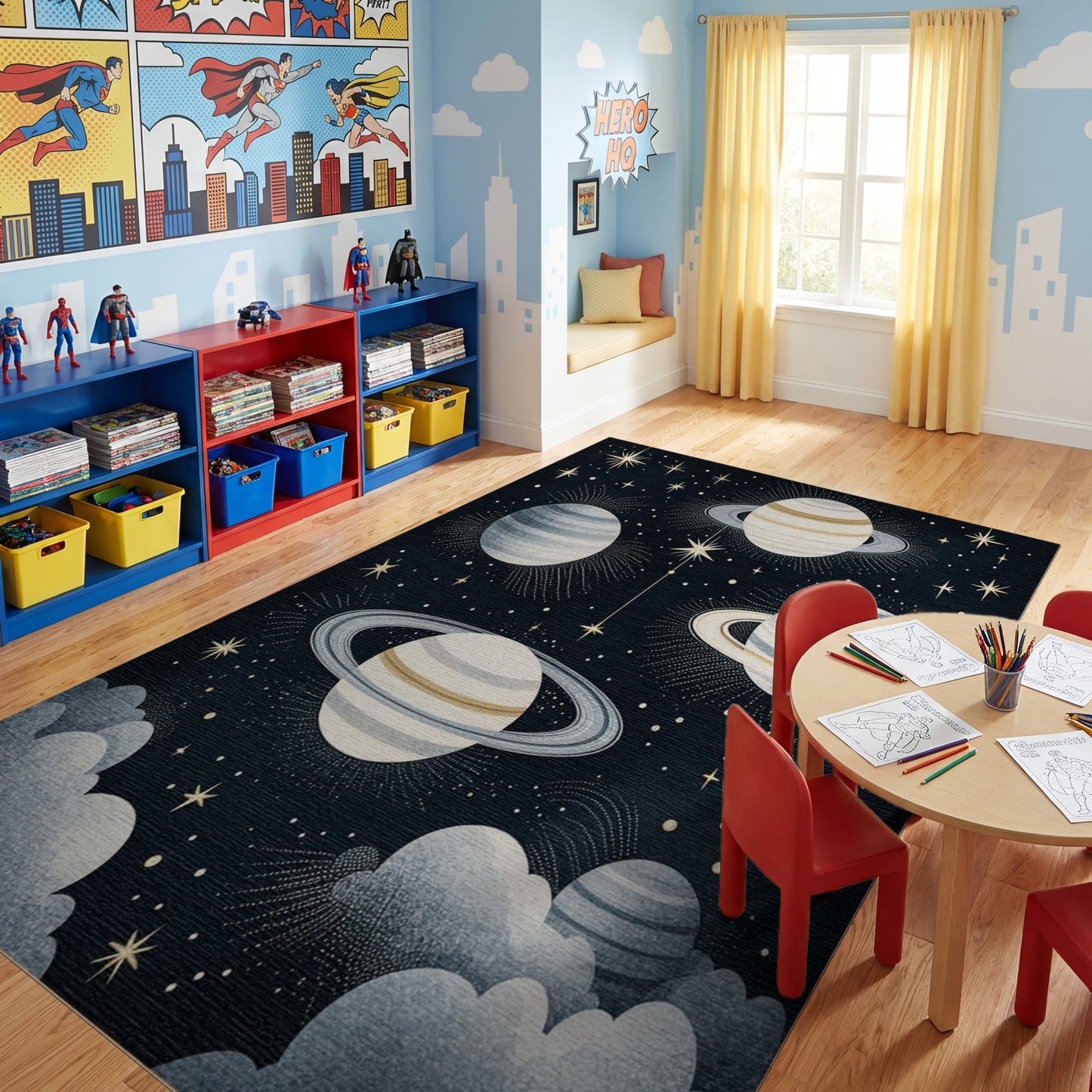 Starry Ringed Planets Gold Cosmic Rug