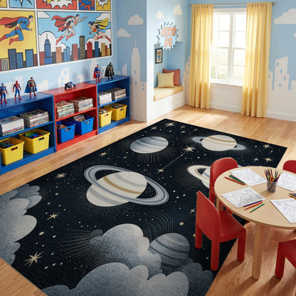 Starry Ringed Planets Gold Cosmic Rug