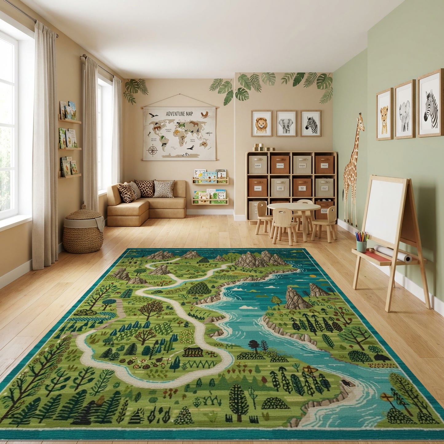 Whimsical Teal Mountain River Forest Path Rug