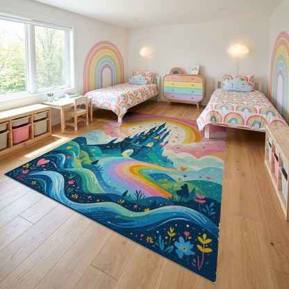 Whimsical Castle Rainbow Hearts Rug
