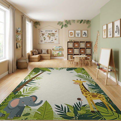 Playful Jungle Giraffe Elephant Palm Rug