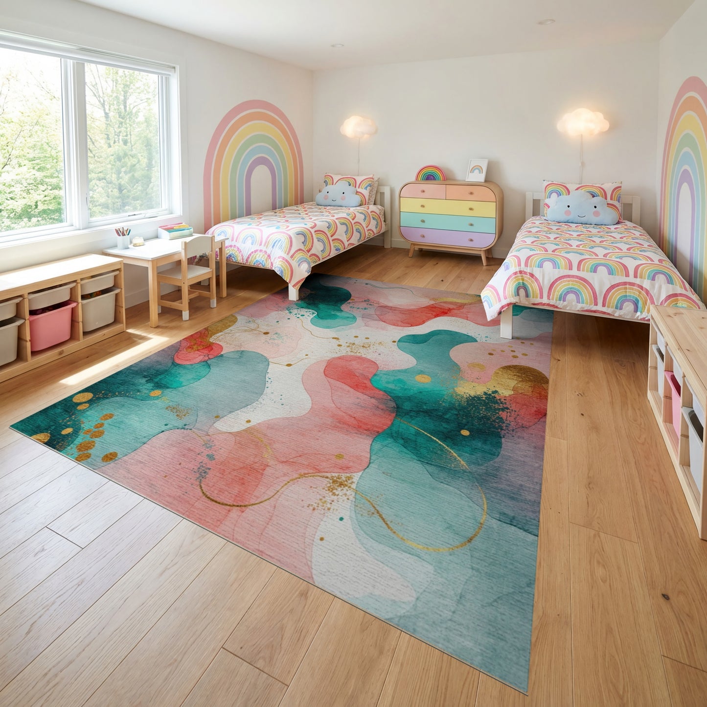 Abstract Fluid Teal Pink Gold Rug