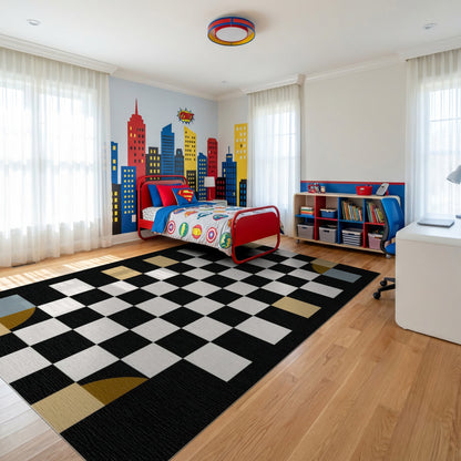 Black White Gold Teal Checkerboard Rug