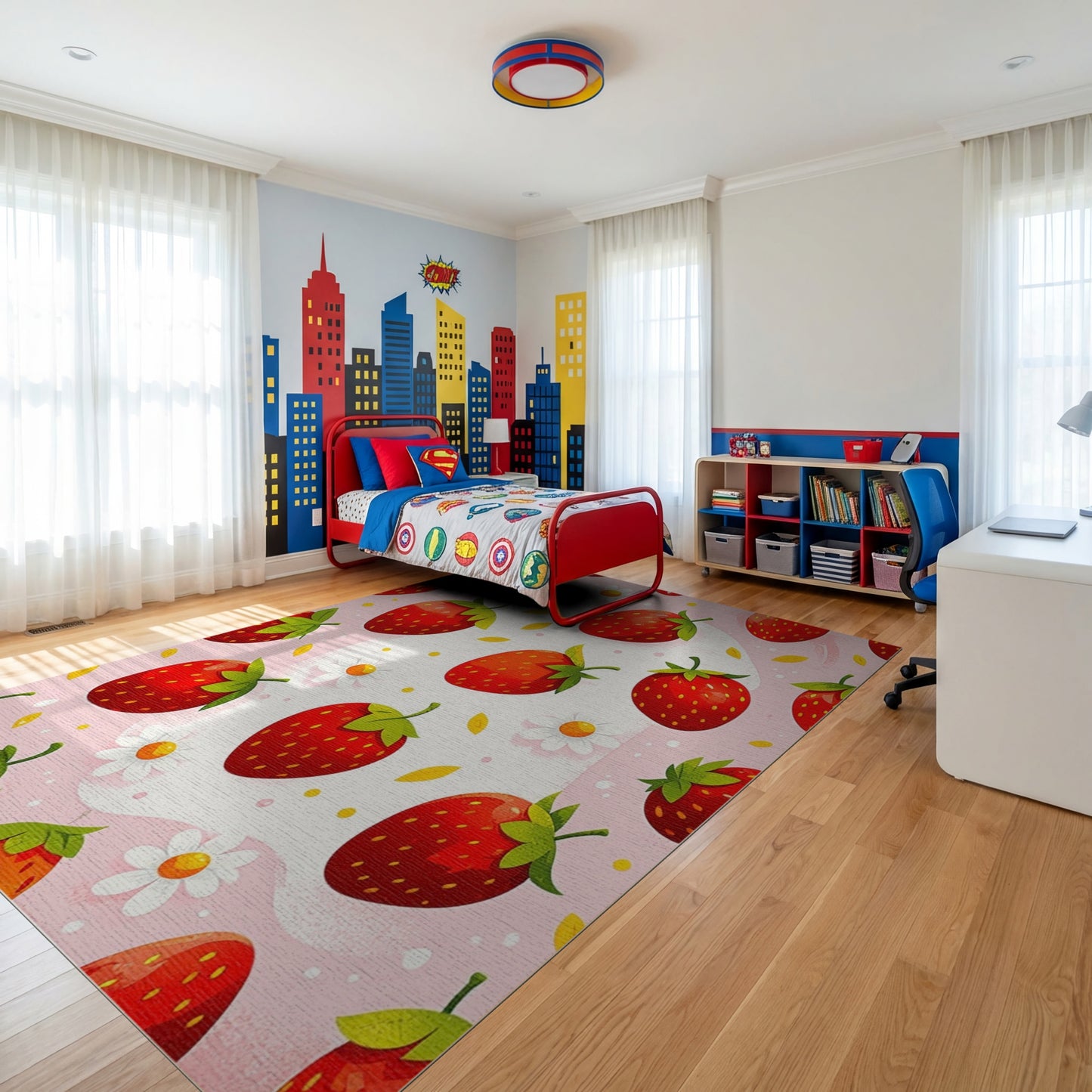 Pink Strawberry Daisy Whimsical Rug