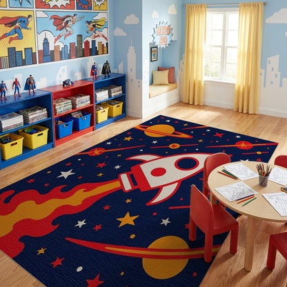 Whimsical Cosmic Rocket Stars Rug