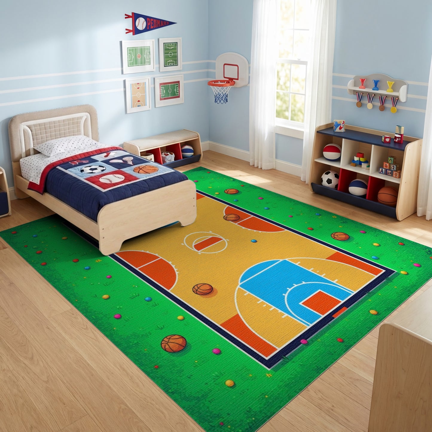 Playful Colorful Basketball Court Grass Rug