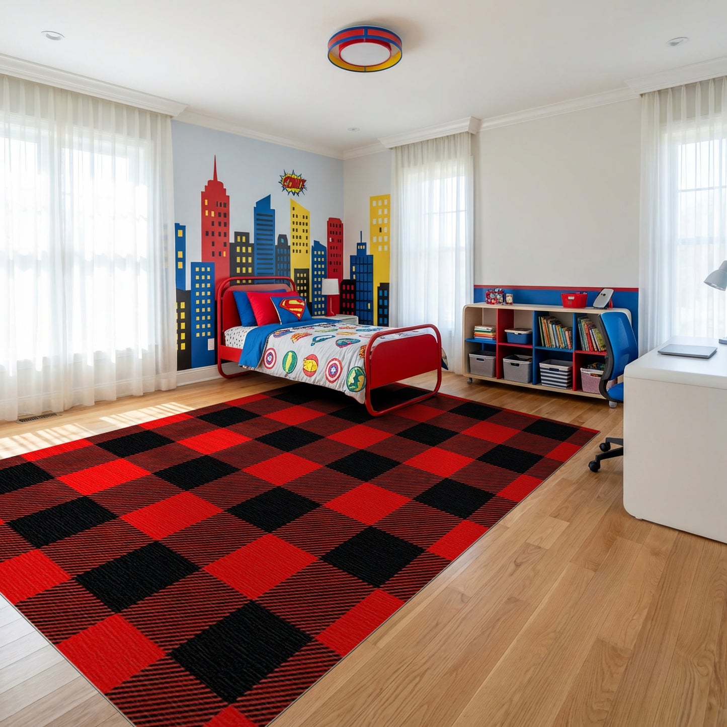 Classic Black Red Plaid Rug