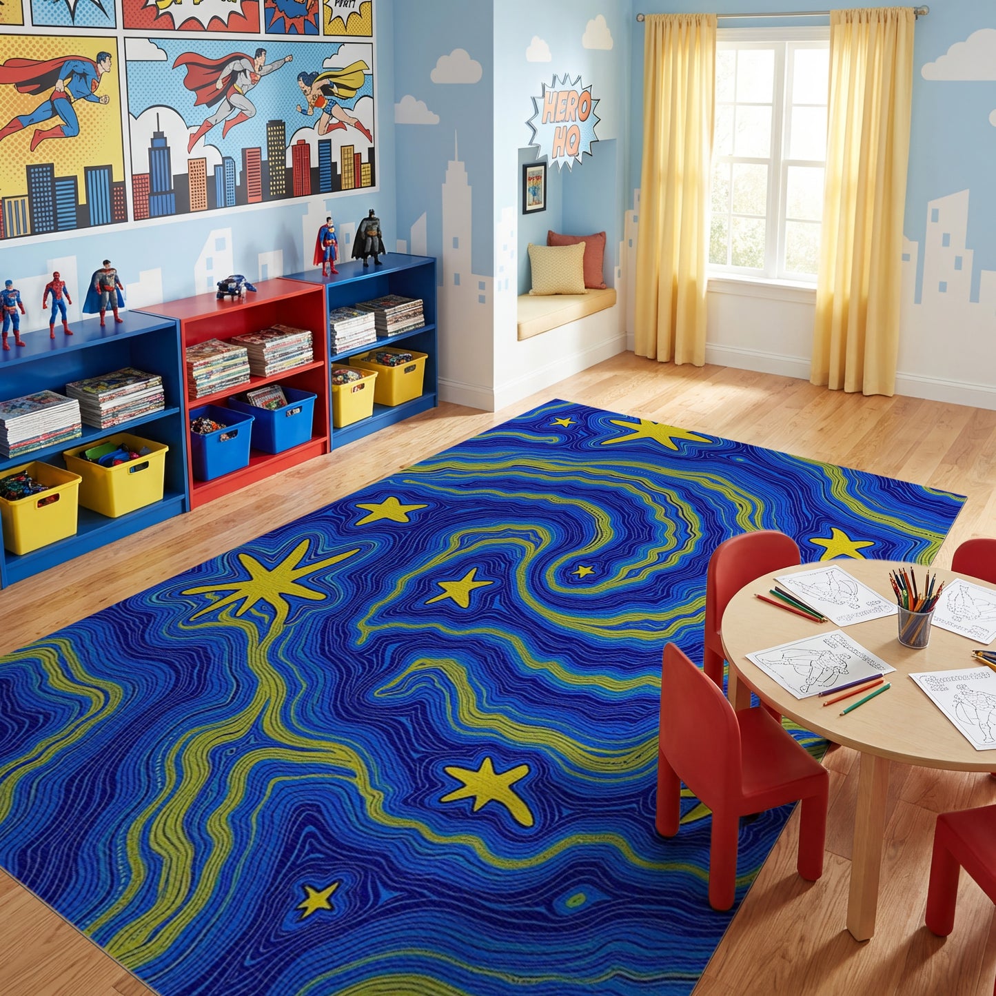 Bold Yellow Stars Swirling Navy Waves Rug