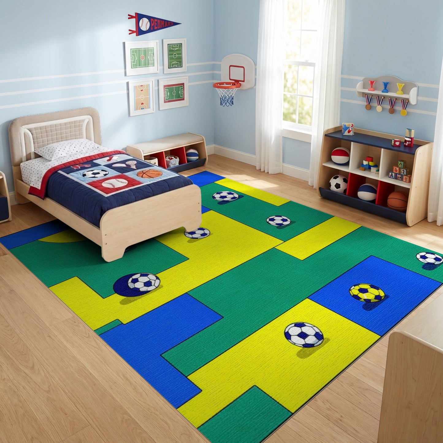 Vibrant Color Block Soccer Ball Rug