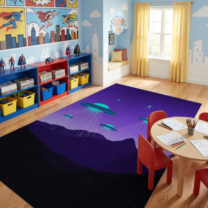 Neon Glowing UFOs Purple Mountains Rug