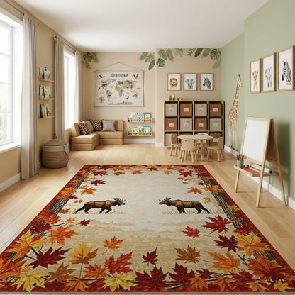 Rustic Woodland Moose Autumn Leaves Rug