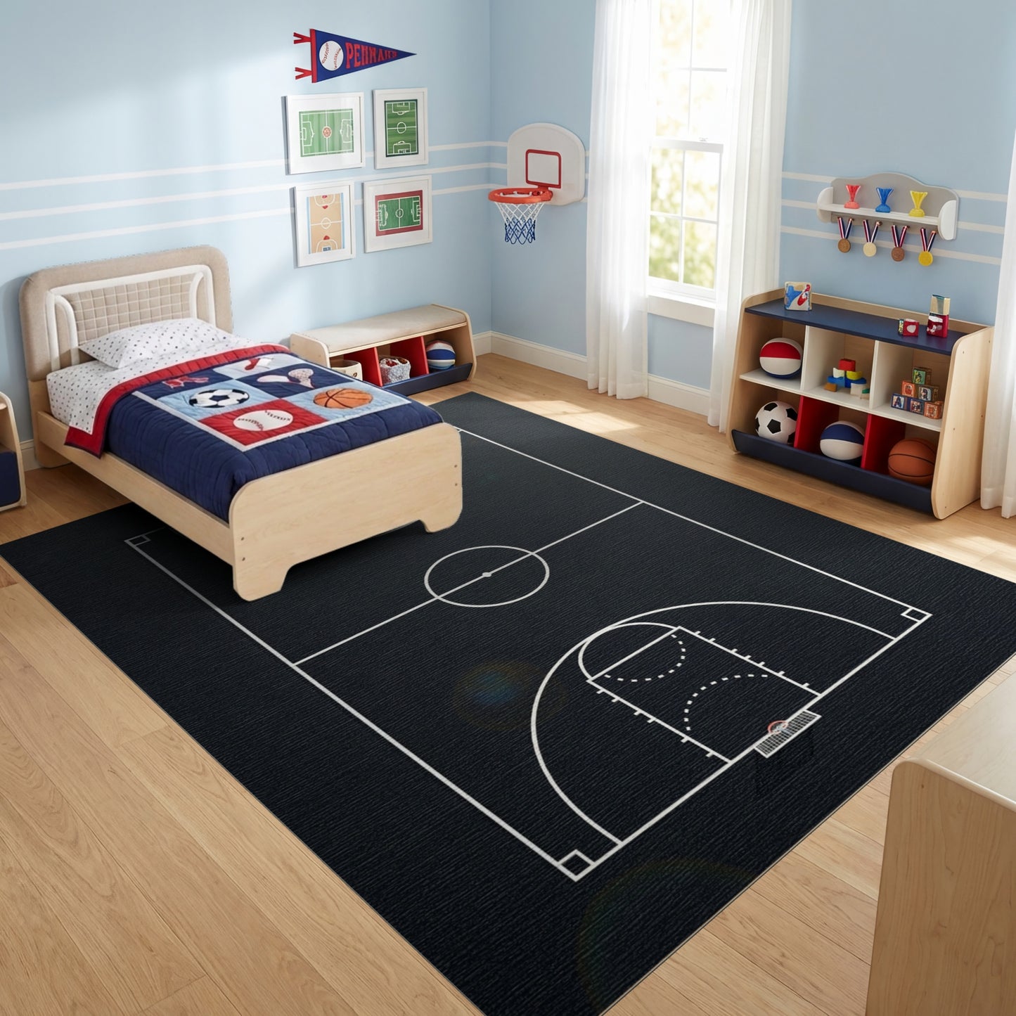 Black and White Basketball Court Lines Rug