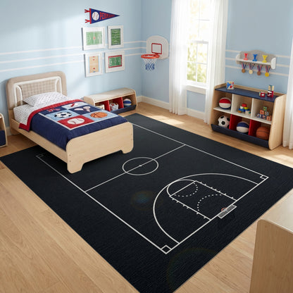 Black and White Basketball Court Lines Rug