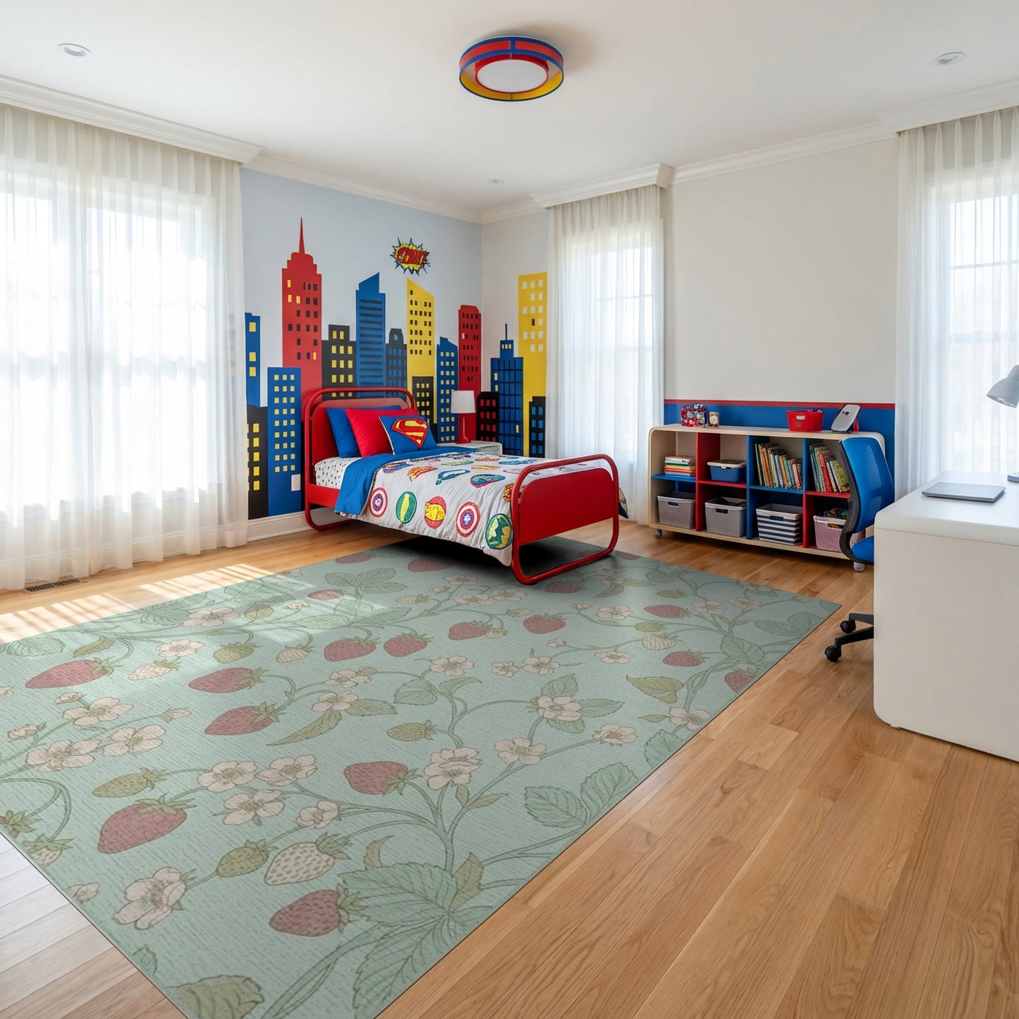 Whimsical Pastel Strawberry Floral Vine Rug