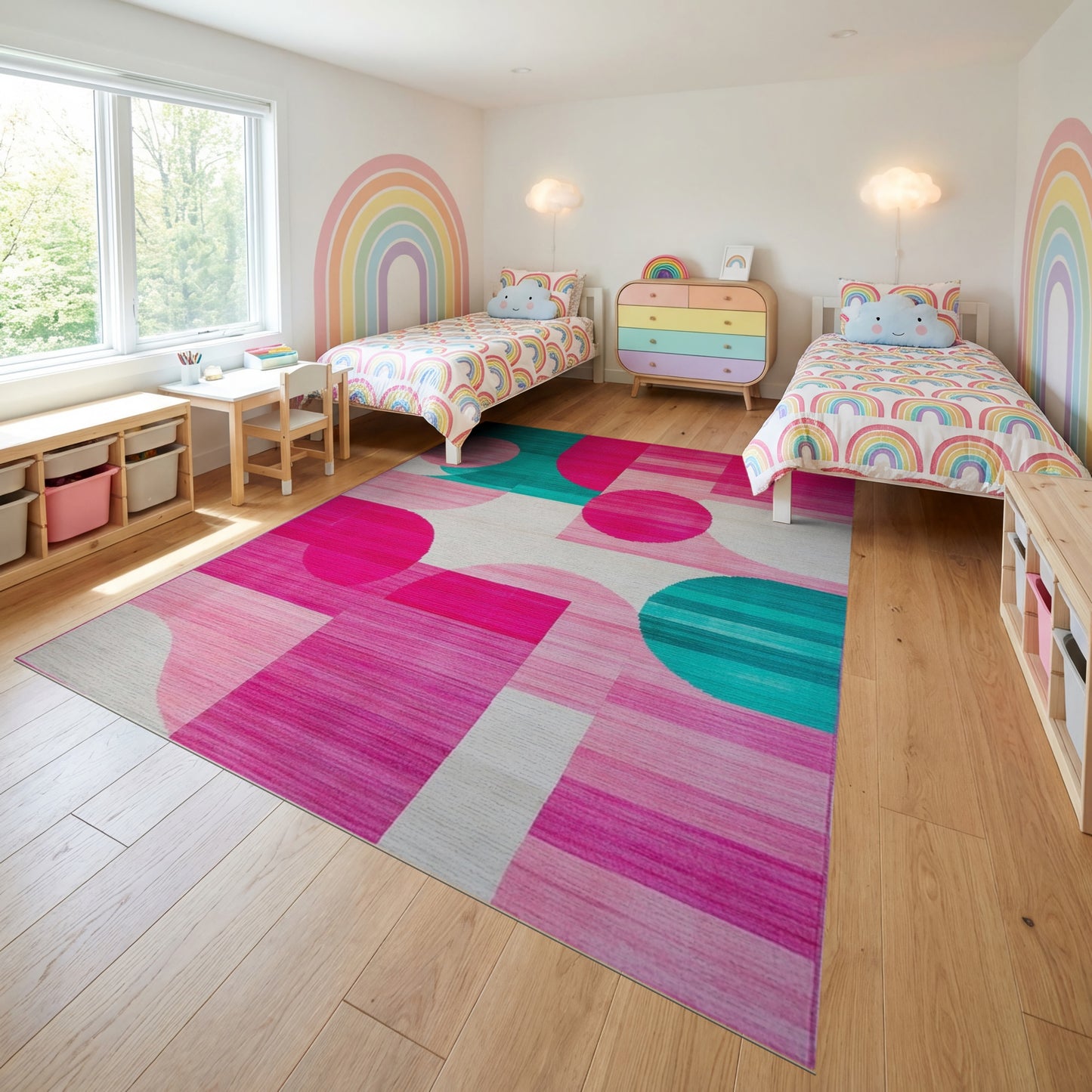 Playful Teal Pink Overlapping Circles Rug