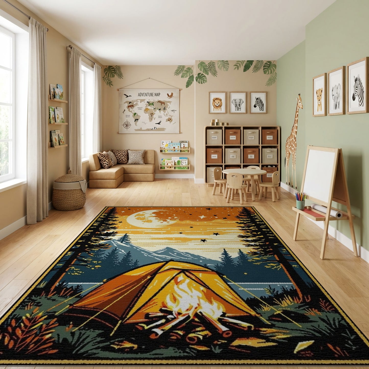 Retro Moonlit Campfire Tent Forest Rug