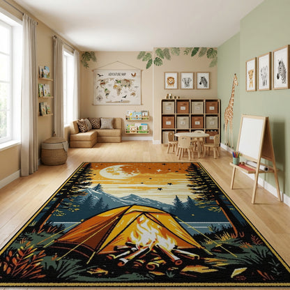Retro Moonlit Campfire Tent Forest Rug