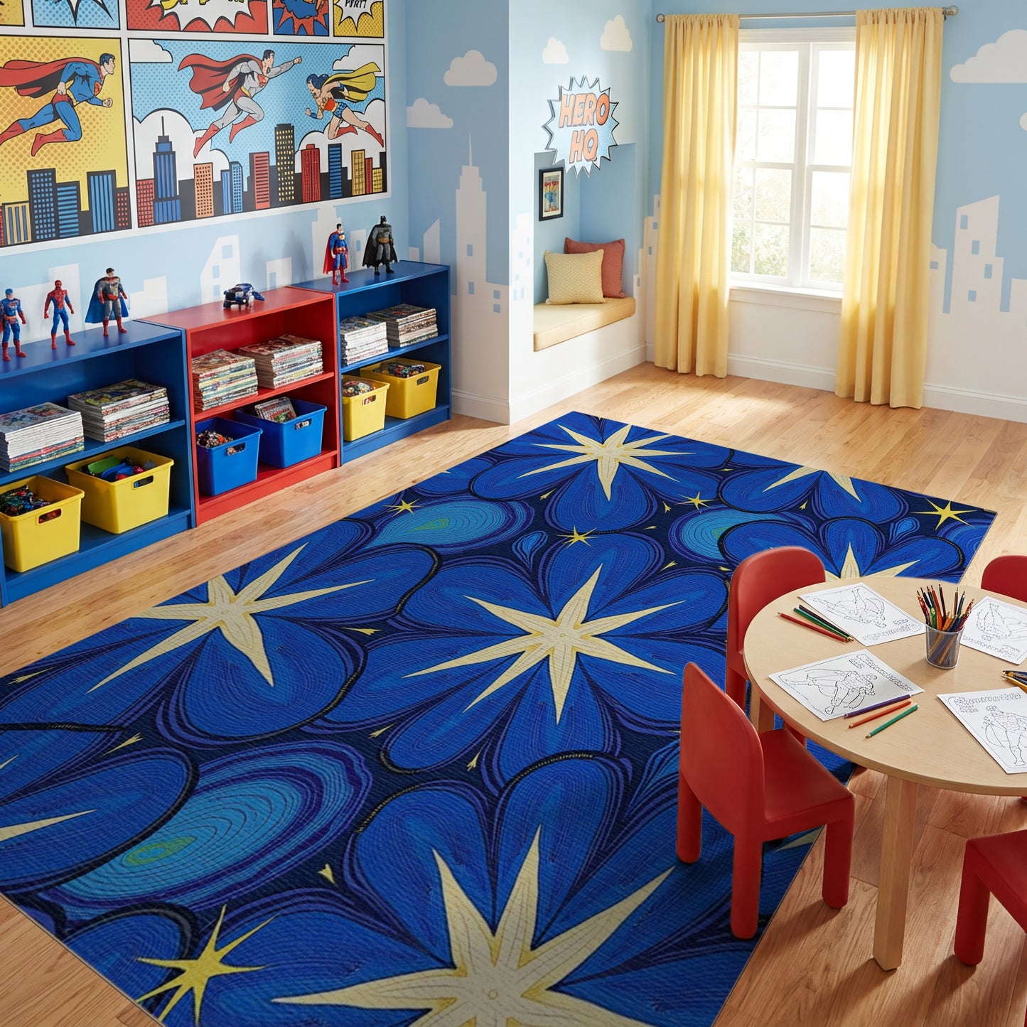 Vibrant Navy Starry Floral Peacock Rug